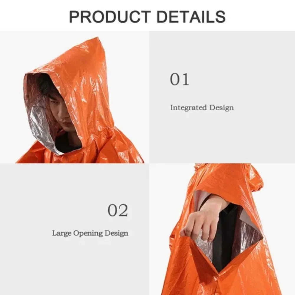 Reversible Emergency Waterproof Poncho with Reflective Thermal Blanket for Outdoor Survival