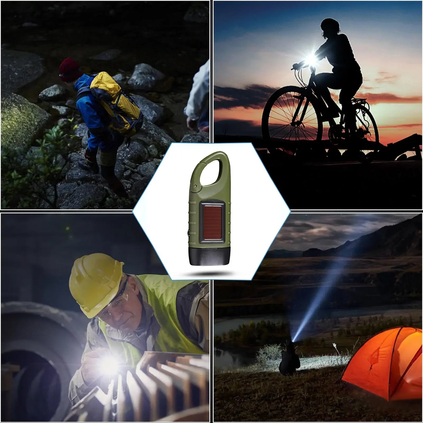 Mini Hand Crank Solar Flashlight with Carabiner Clip