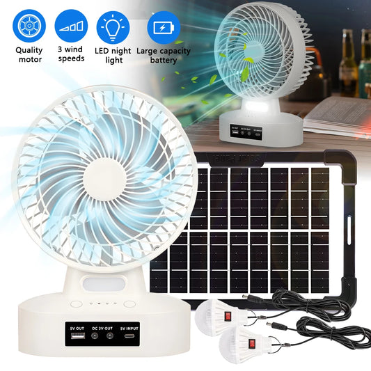 Rechargeable Camping Fan with Solar Panel LED Light and USB Port