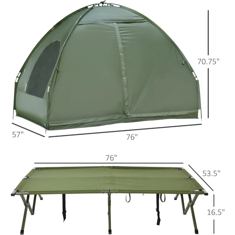 2 Person Foldable Camping Cot with Tent, Bedspread and Thick Air Mattress, 4-in-1 Elevated Camping Bed Tent