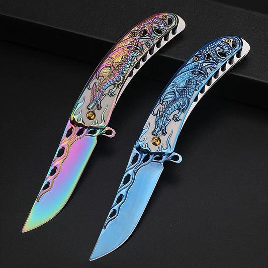 Engraved Dragon Folding Survival Knife with Pocket Clip