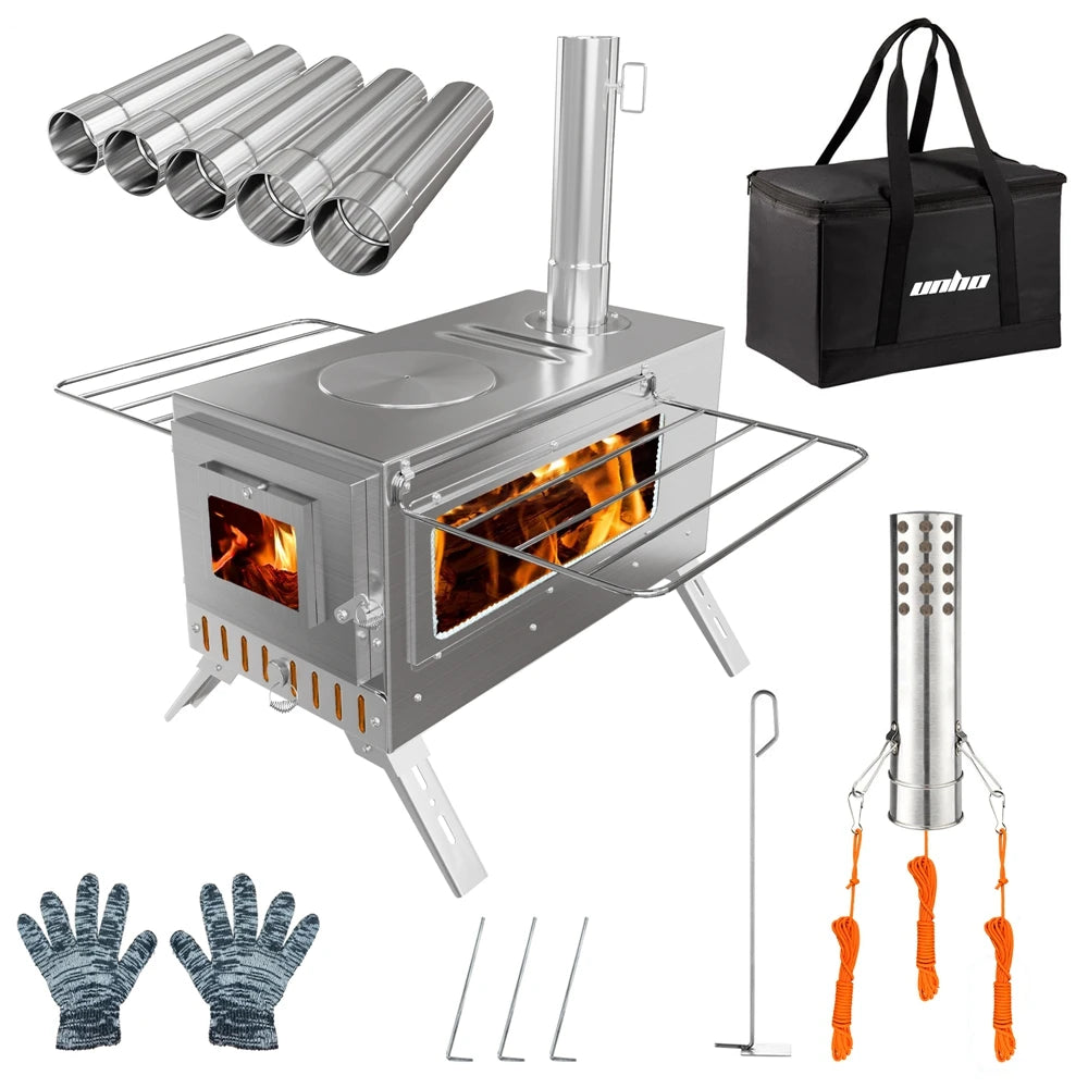 Portable Stainless Steel Wood Burning Tent Stove with 7 Chimney Pipes for Outdoor Heating & Cooking