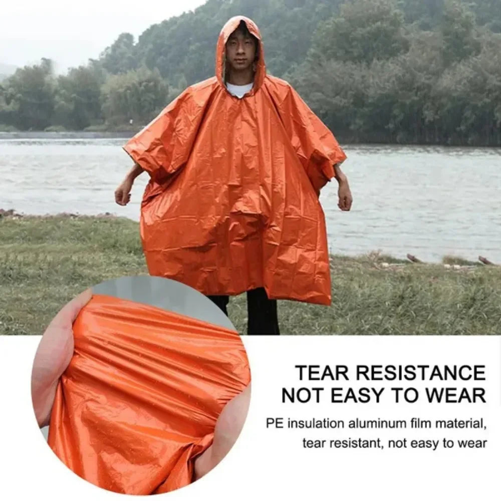 Reversible Emergency Waterproof Poncho with Reflective Thermal Blanket for Outdoor Survival