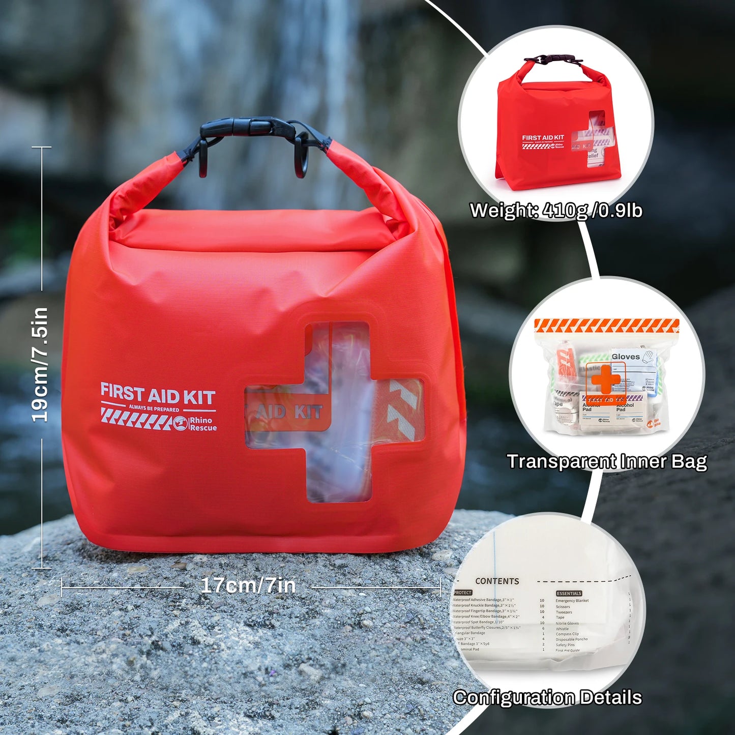 RHINO RESCUE Waterproof First Aid Kit, Lightweight, Emergency Survival Supplies for Outdoor Kayak & Swimming