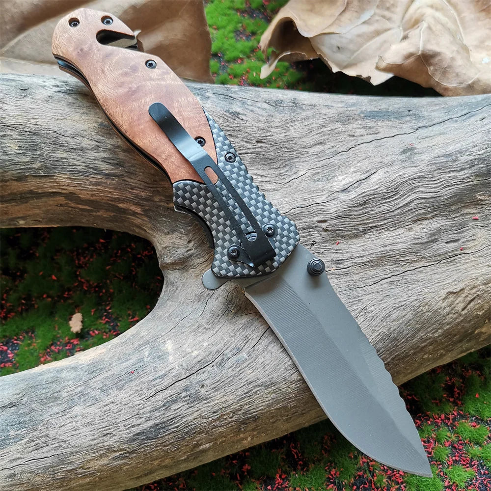 Folding Camping Knife with Wood Handle for Outdoor Use