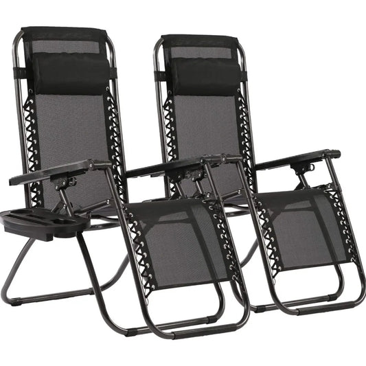 Reclining Outdoor Lounge Chairs Set with Pillow and Cup Holder