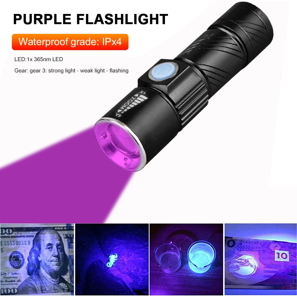 Mini 365nm UV Flashlight USB Rechargeable Blacklight for Pet Stains & Money Detection