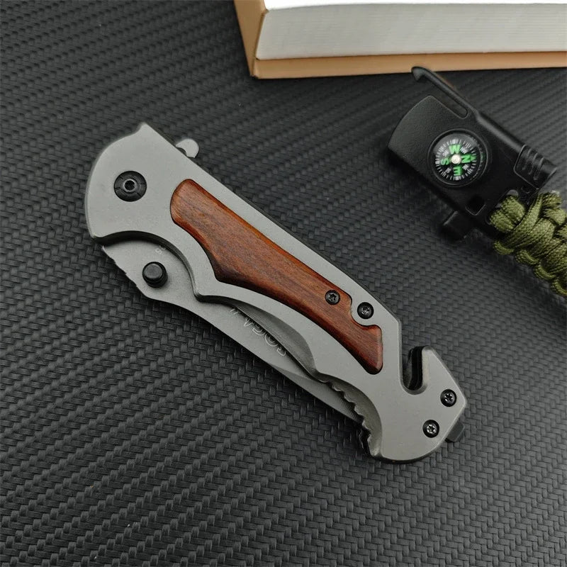 Folding Knife Stainless Steel with Wood Handle for Camping, Hiking & Survival