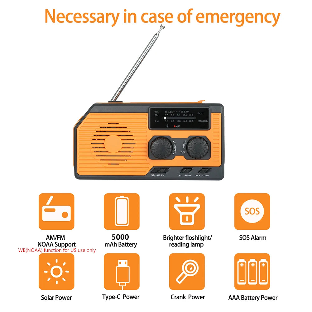 Hand Crank Solar Radio with AM FM NOAA Weather Bands LED Flashlight & Power Bank for Camping & Hiking