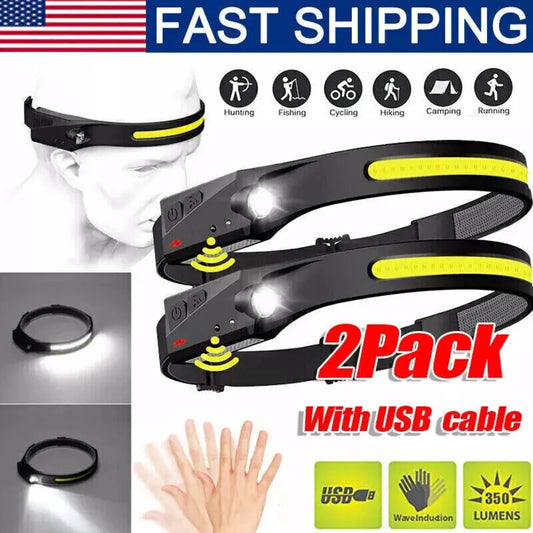 2PCS LED Headlamp USB Rechargeable Headlight Torch Work Light Bar