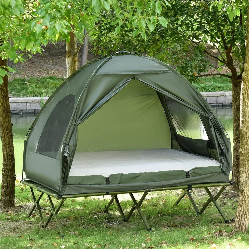 2 Person Foldable Camping Cot with Tent, Bedspread and Thick Air Mattress, 4-in-1 Elevated Camping Bed Tent