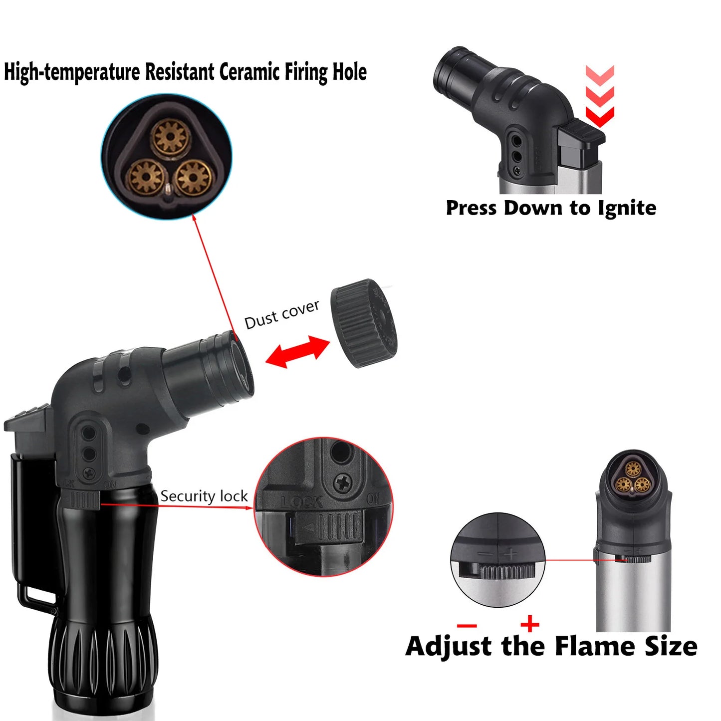 2pcs/Set Triple Jet Flame Torch Lighter Bend Head Design Refillable Butane Gas, Jet 3 Flame Windproof (Without Butane)