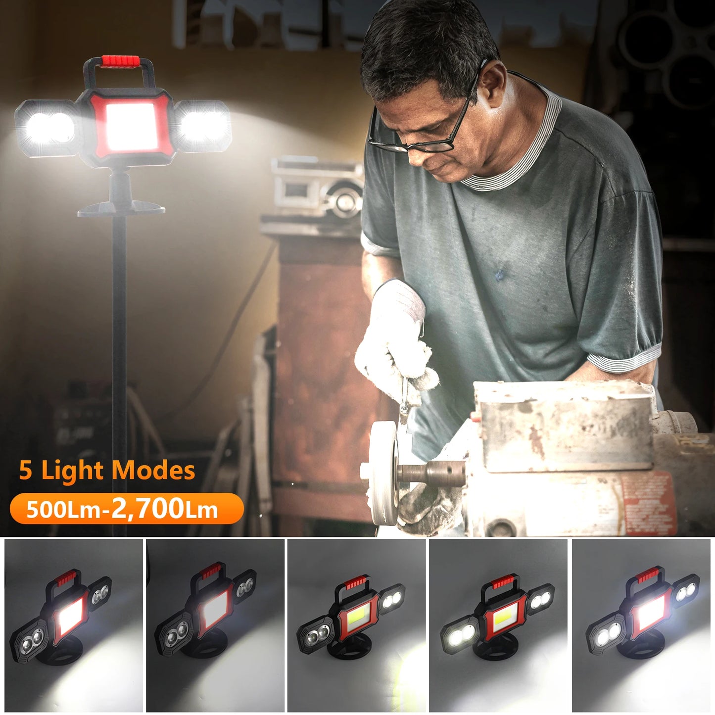 Rechargeable Magnetic LED Work Light 25W 2700LM Waterproof Cordless Job Light
