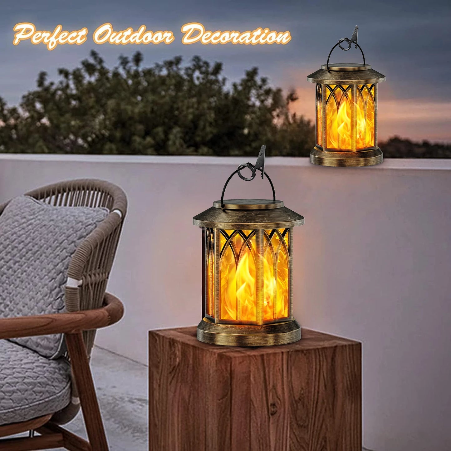 2 Pack Solar Flickering Flame Lanterns Outdoor Hanging Lights