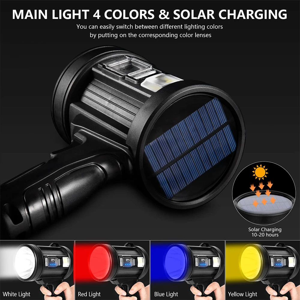 Handheld LED Searchlight with USB and Solar Charging