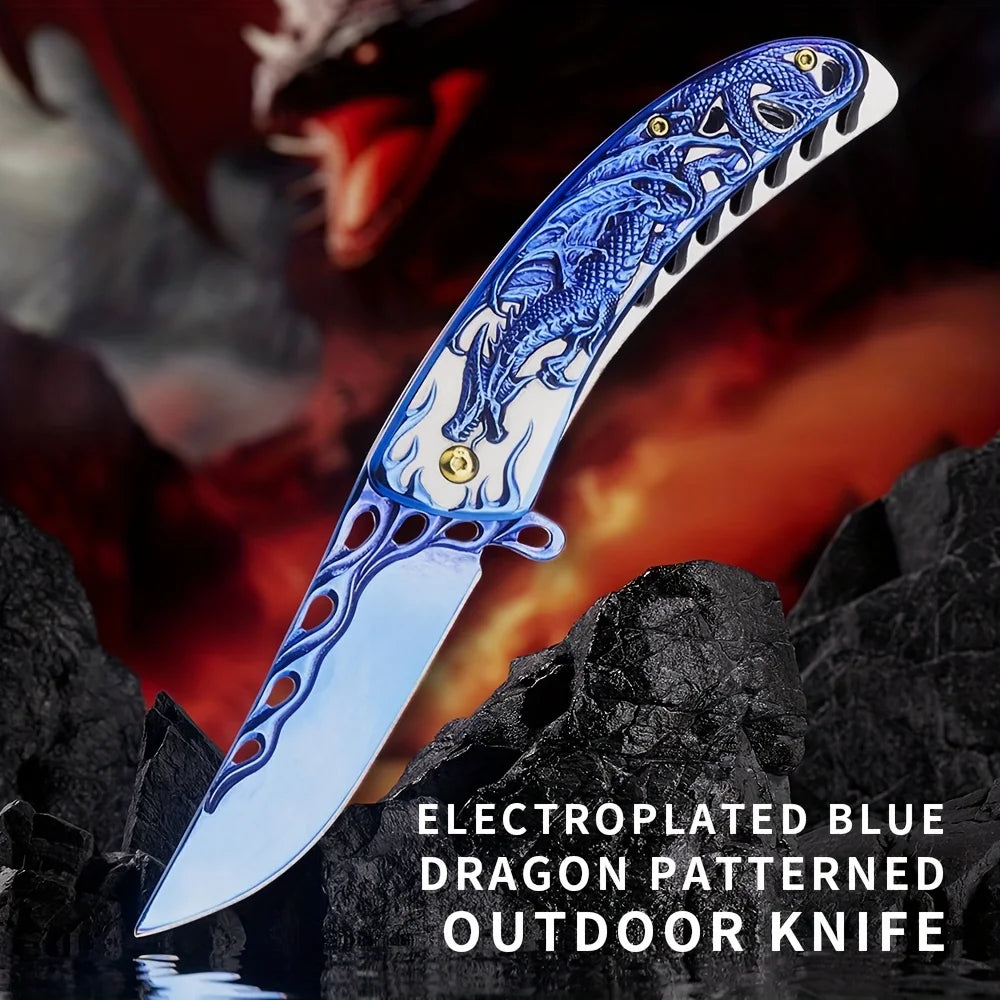 Engraved Dragon Folding Survival Knife with Pocket Clip