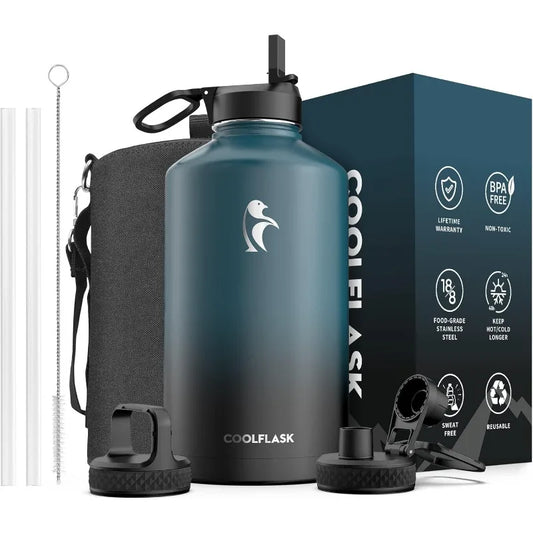 128 oz Insulated Gallon Water Bottle with Straw and 3 Lids