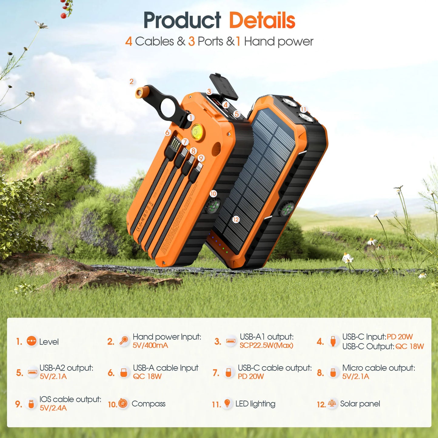 Solar Power Bank with Hand Crank 40000mAh