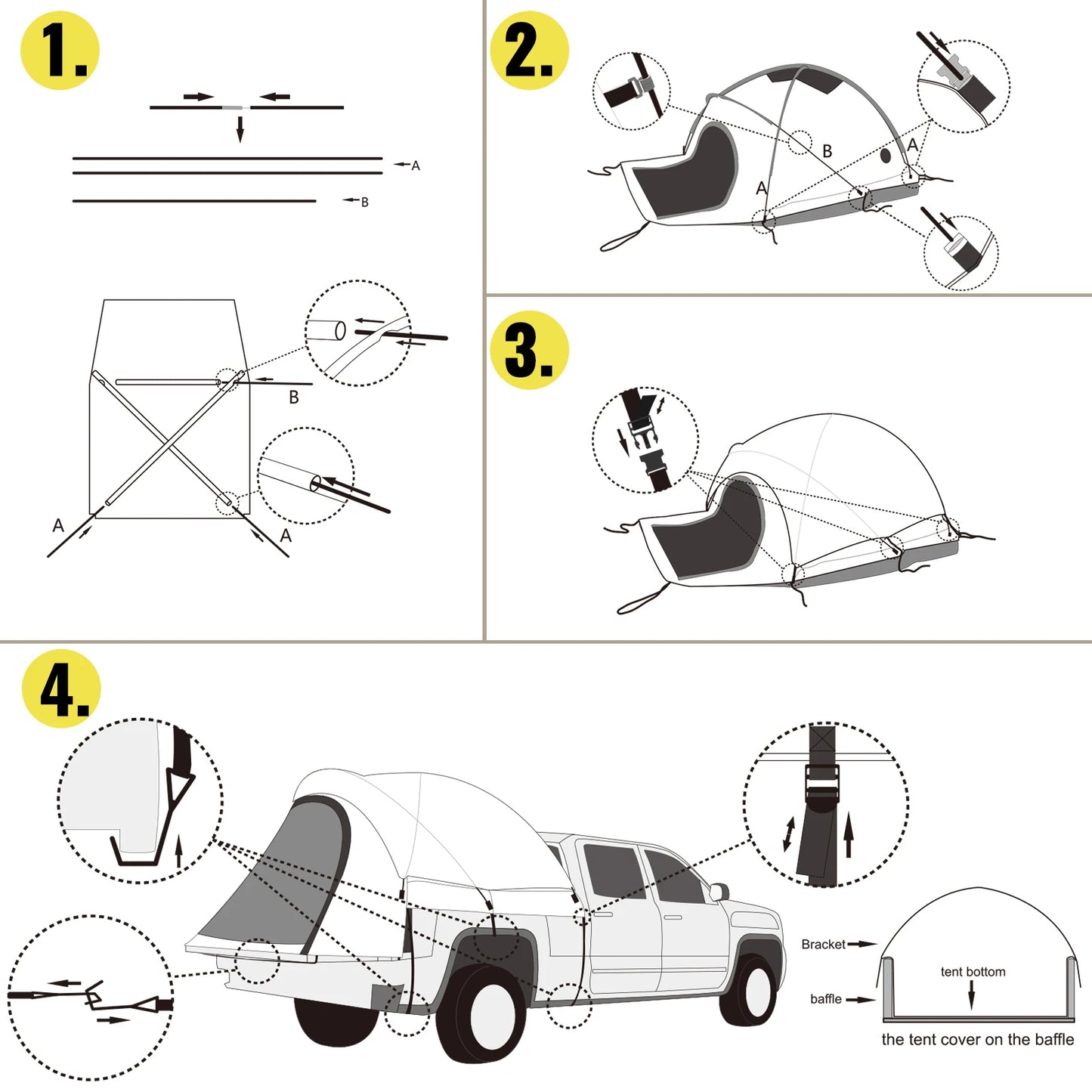 Truck Tent 6.4'-6.7’ Truck Bed Tent Full-Size Pickup Tent Waterproof Truck Camper, 2 Mesh Windows