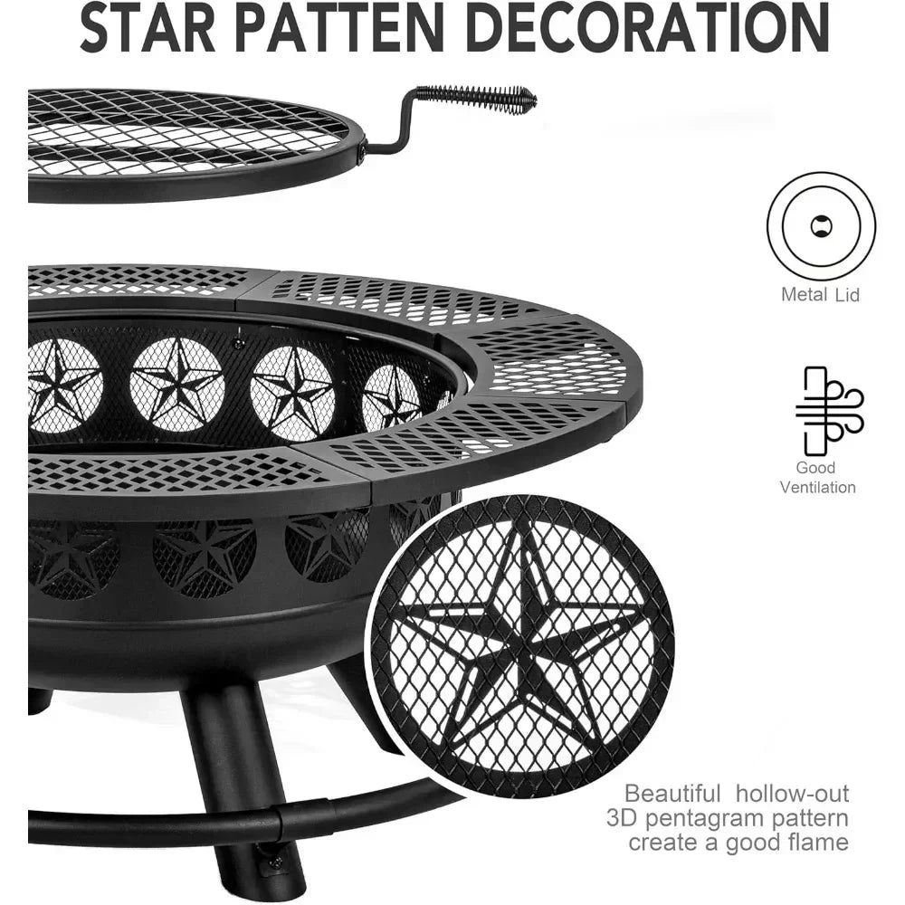 36 Inch Fire Pit with Cooking Grill, Outdoor Wood Burning BBQ Firepit with Lid, 3-in-1 Outdoor Fire Pit