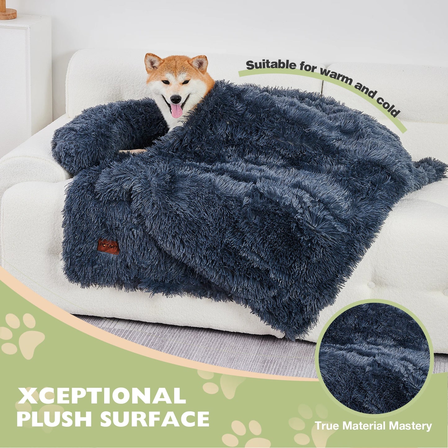 Fluffy Plush Dog Sofa Bed with Blanket & Washable Cover