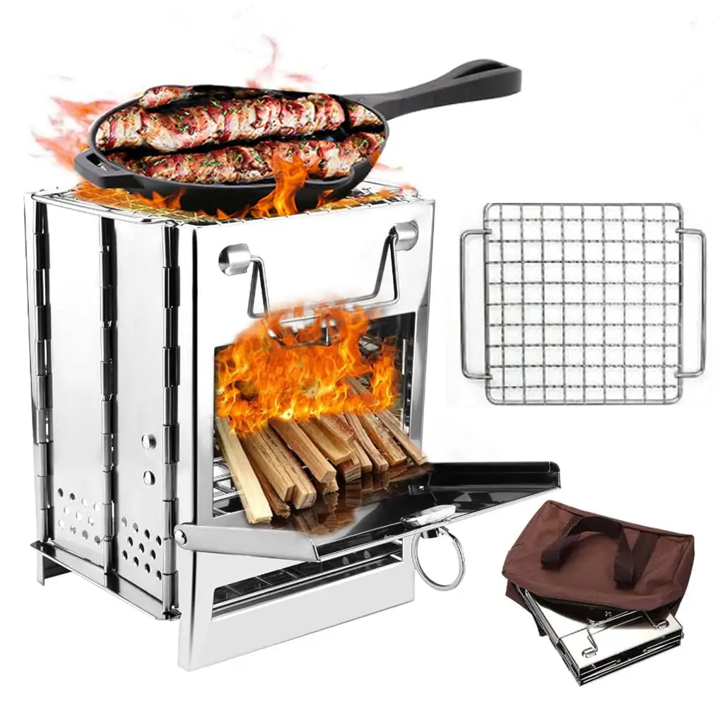 Collapsible Stainless Steel Wood Burning Rocket Stove with Grill