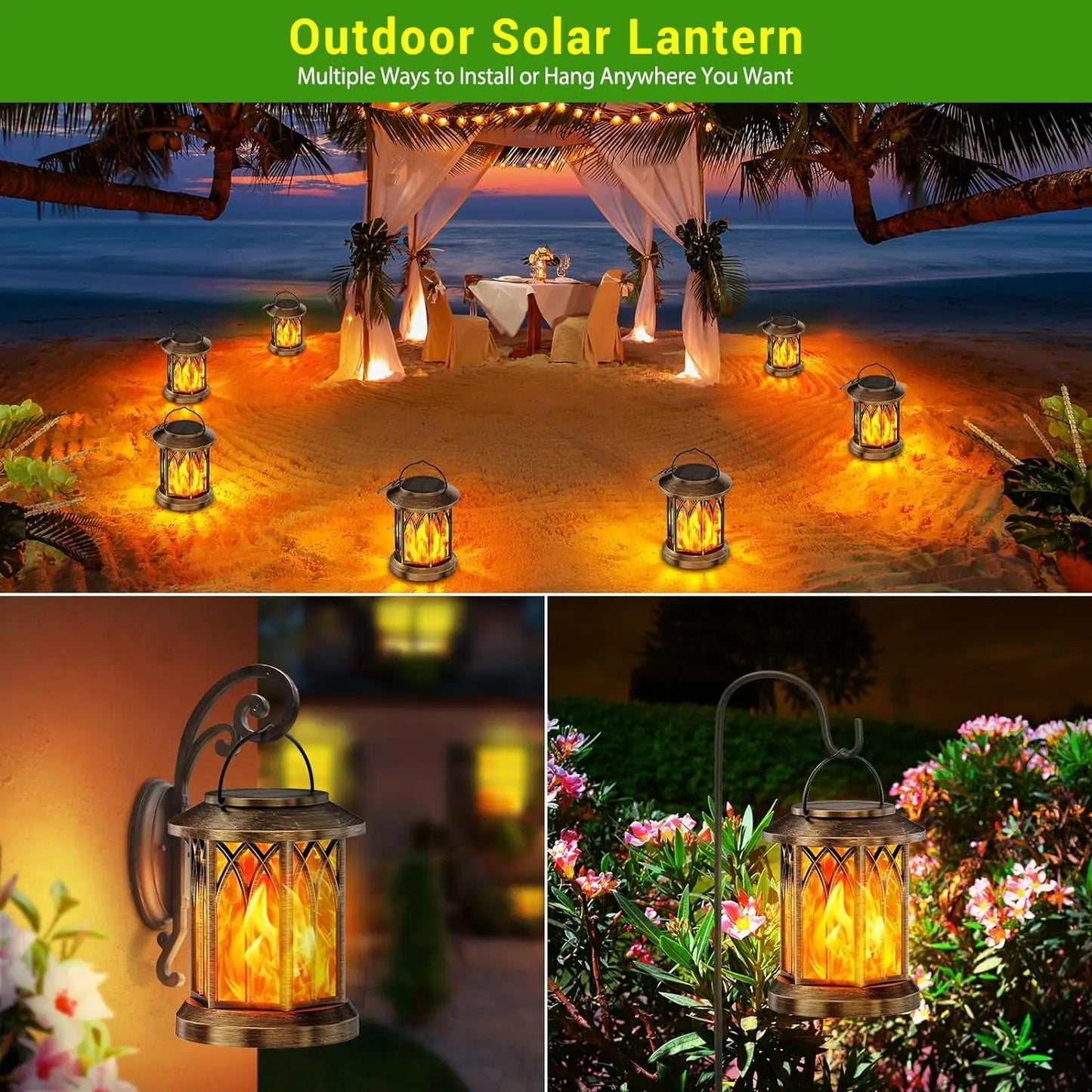 2 Pack Solar Flickering Flame Lanterns Outdoor Hanging Lights