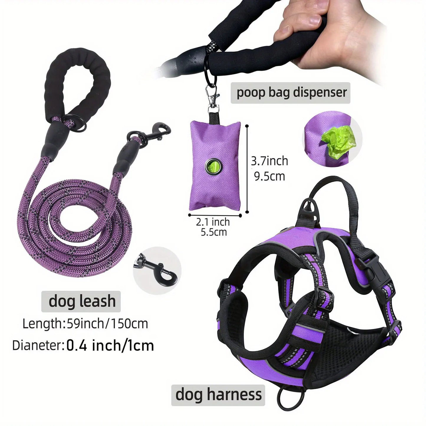 3-Piece Escape-Proof Dog Harness Set with Leash