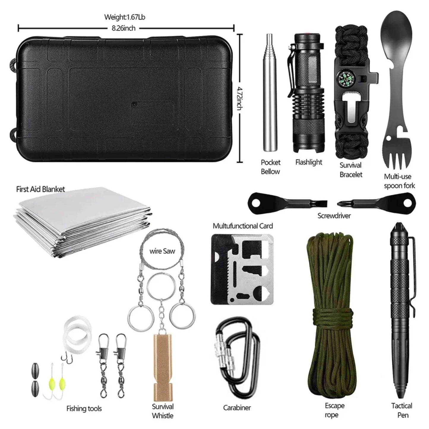 15 IN 1 Emergency Survival Kit Gear Camping Multifunction Defense Equipment First Aid SOS