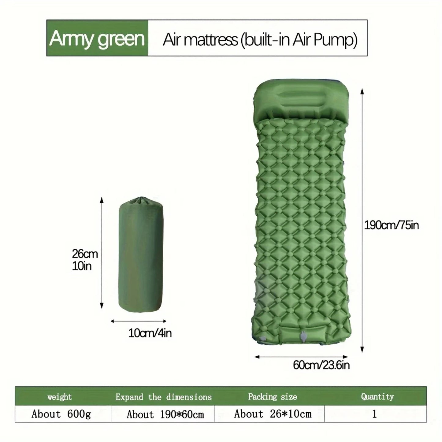 Outdoor Camping Inflatable Sleeping Mat with Built-In Pillow