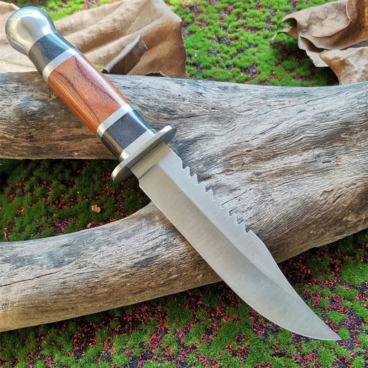 Military Fixed Blade Knife with Wood Handle and Sheath