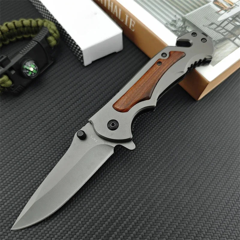 Folding Knife Stainless Steel with Wood Handle for Camping, Hiking & Survival