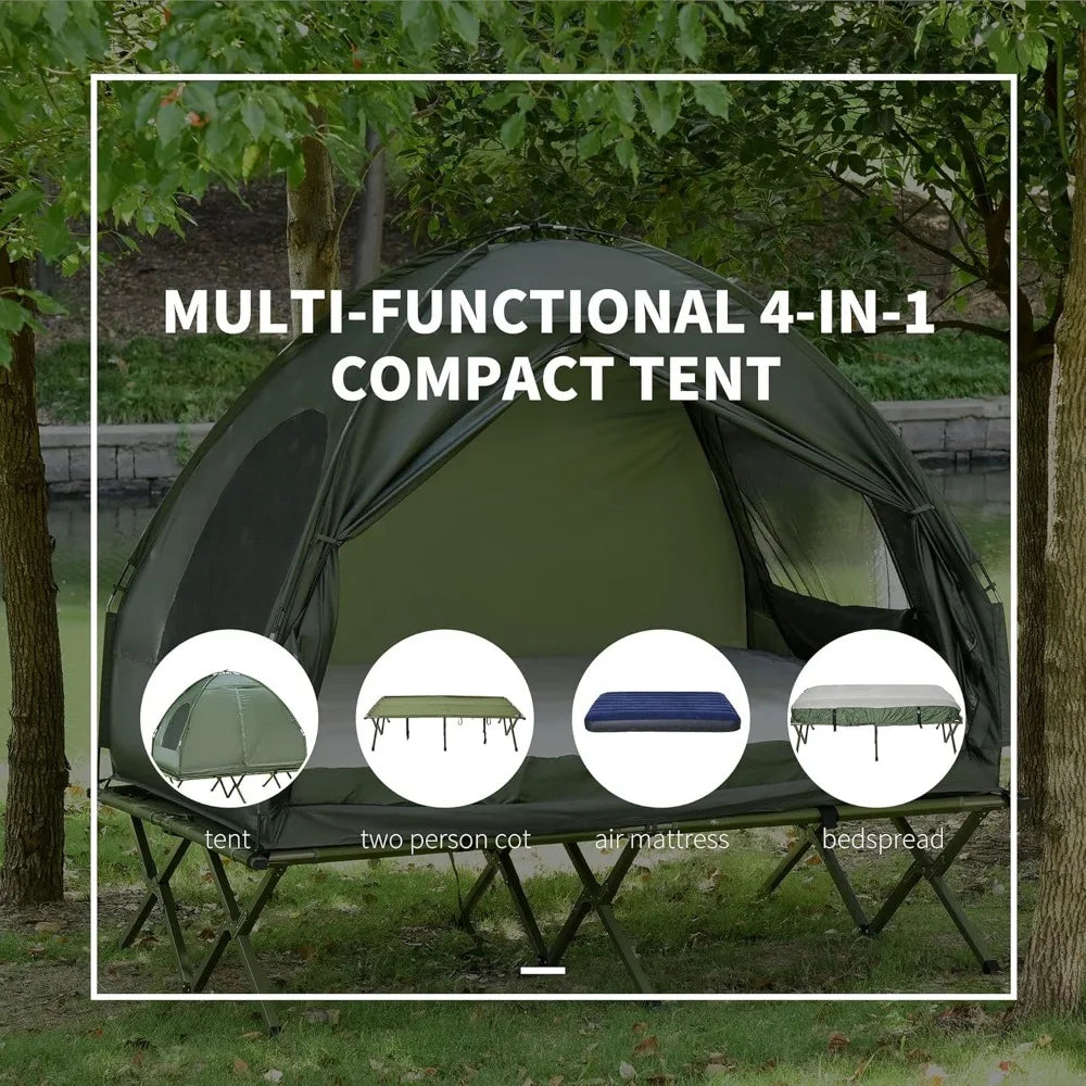 2 Person Foldable Camping Cot with Tent, Bedspread and Thick Air Mattress, 4-in-1 Elevated Camping Bed Tent