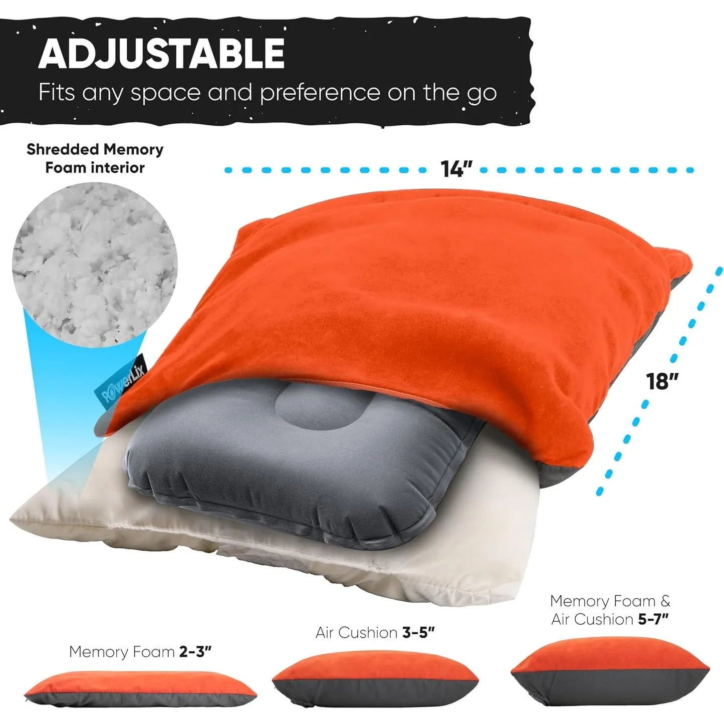 POWERLIX Camping Pillow – Memory Foam & Inflatable Travel Pillow with Washable Cover