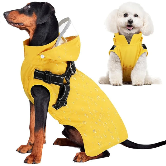 Waterproof Dog Raincoat with Harness and Removable Hood