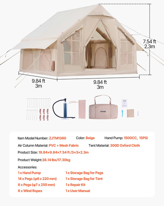 Inflatable Camping Tent with Stove Jack and Hand Pump