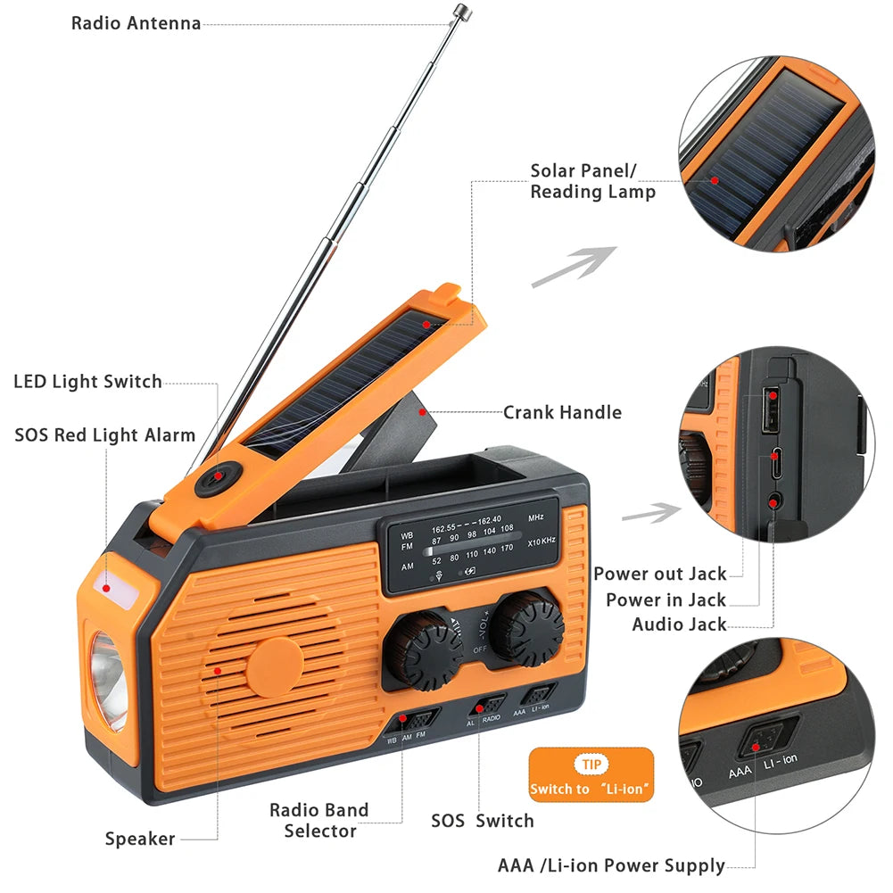 Hand Crank Solar Radio with AM FM NOAA Weather Bands LED Flashlight & Power Bank for Camping & Hiking