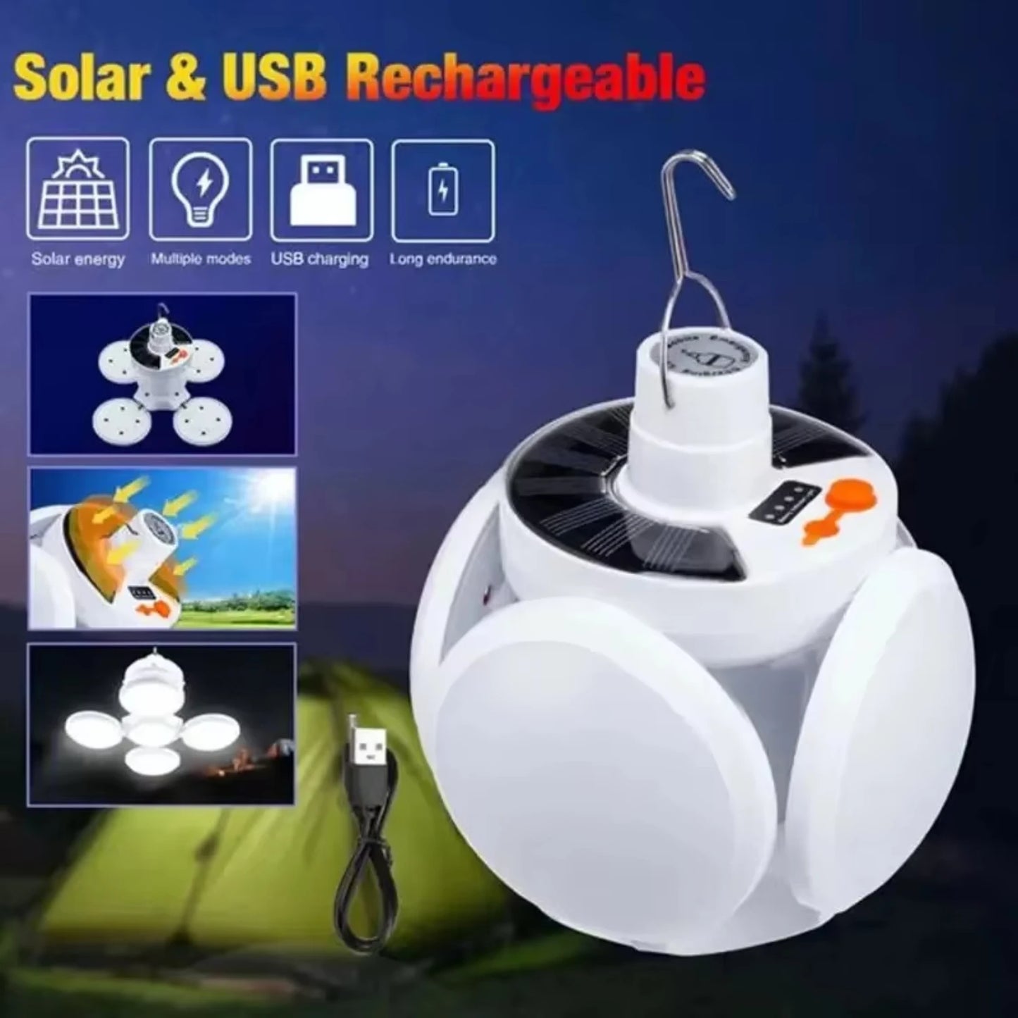 Solar Camping Lantern with Hook Portable Folding Tent Light