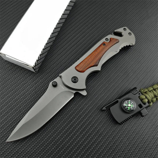 Folding Knife Stainless Steel with Wood Handle for Camping, Hiking & Survival