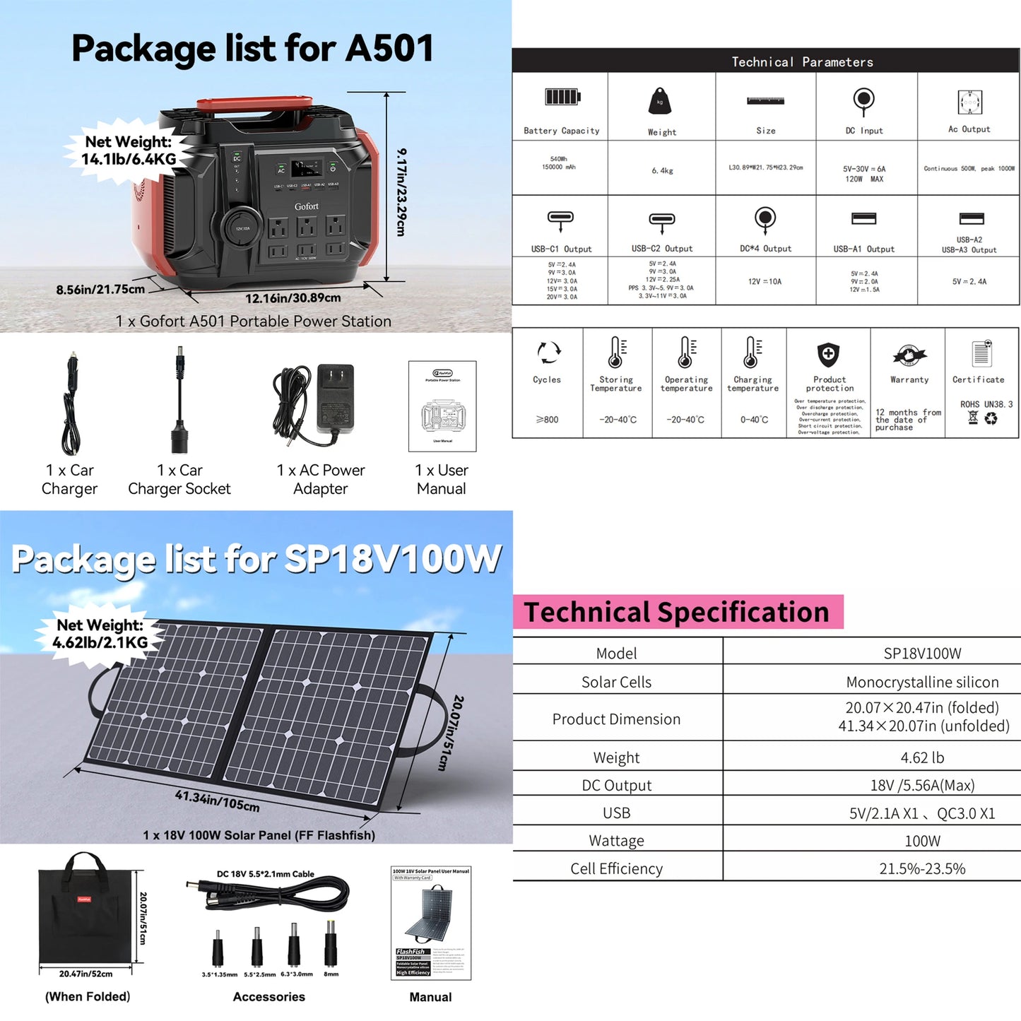 FlashFish A501 Portable Power Station 540Wh with 100W Solar Panel Kit
