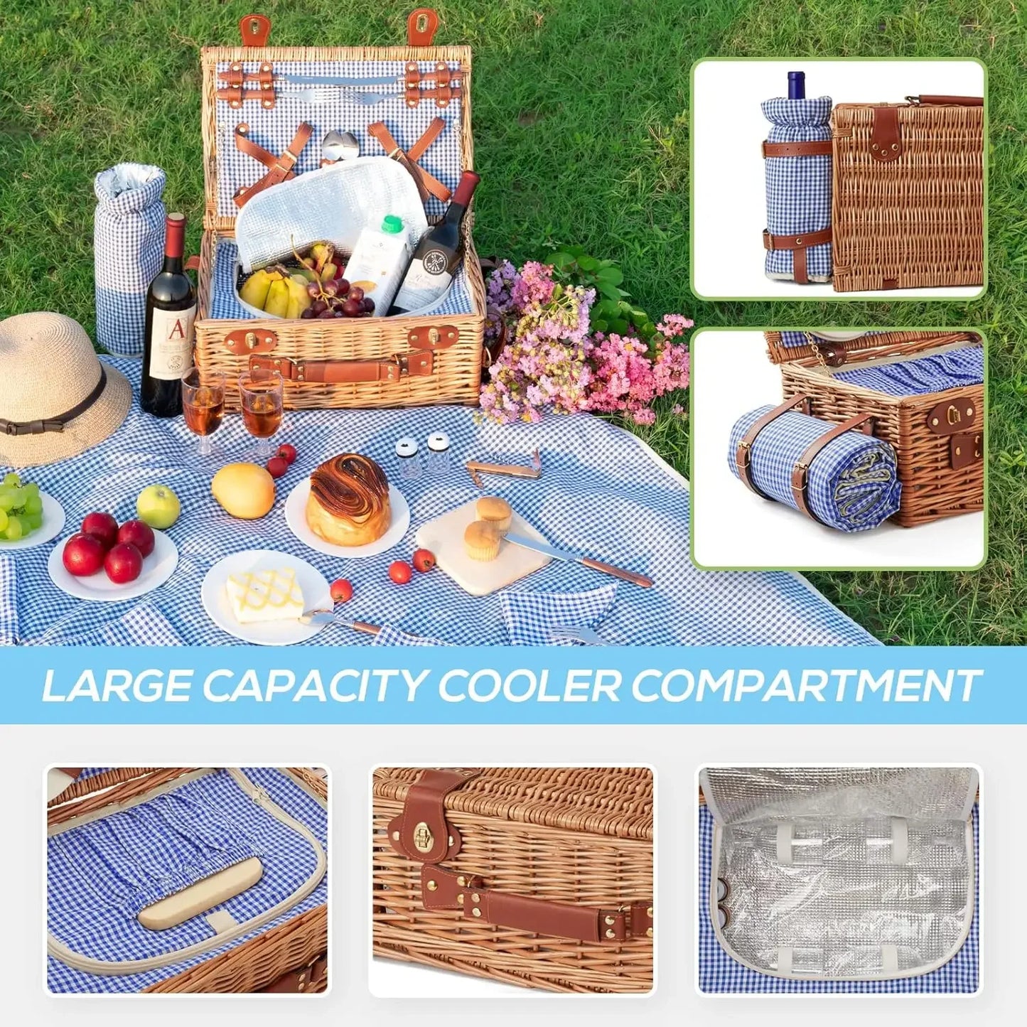 Wicker Picnic Basket Set with Cooler and Accessories
