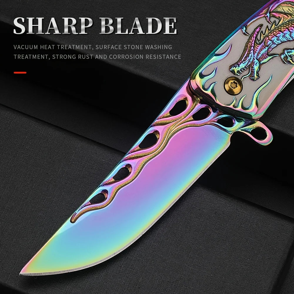 Engraved Dragon Folding Survival Knife with Pocket Clip