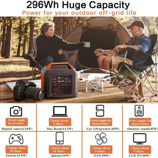 Portable Power Station 300W 296Wh Solar Generator LED Flashlight