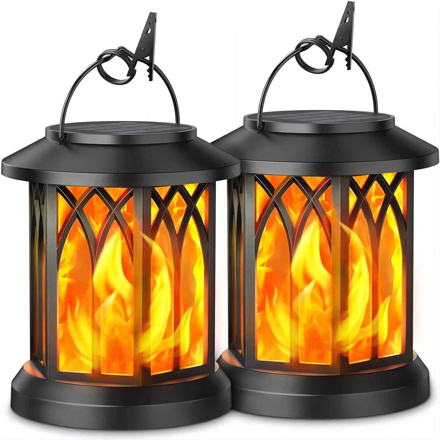 2 Pack Solar Flickering Flame Lanterns Outdoor Hanging Lights