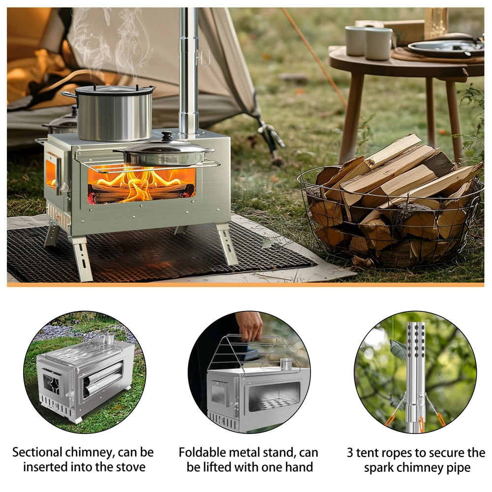 Portable Stainless Steel Wood Burning Tent Stove with 7 Chimney Pipes for Outdoor Heating & Cooking