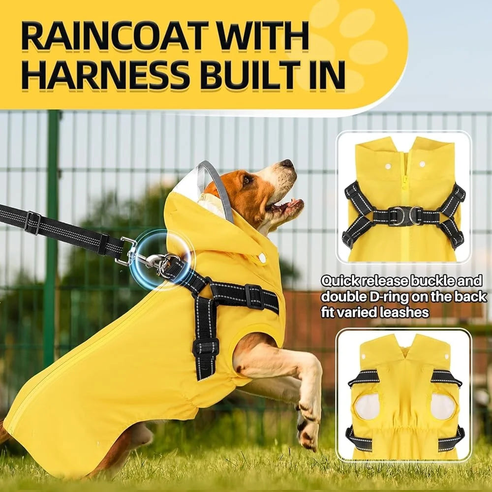 Waterproof Dog Raincoat with Harness and Removable Hood