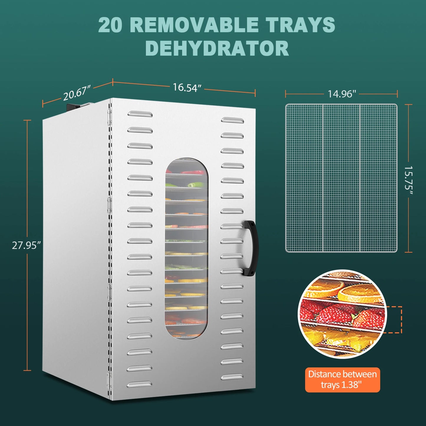 Stainless Steel Food Dehydrator 20 Trays Commercial Dehydrators Dryer for Fruit, Meat, Beef, Jerky, Herbs with Adjustable Timer