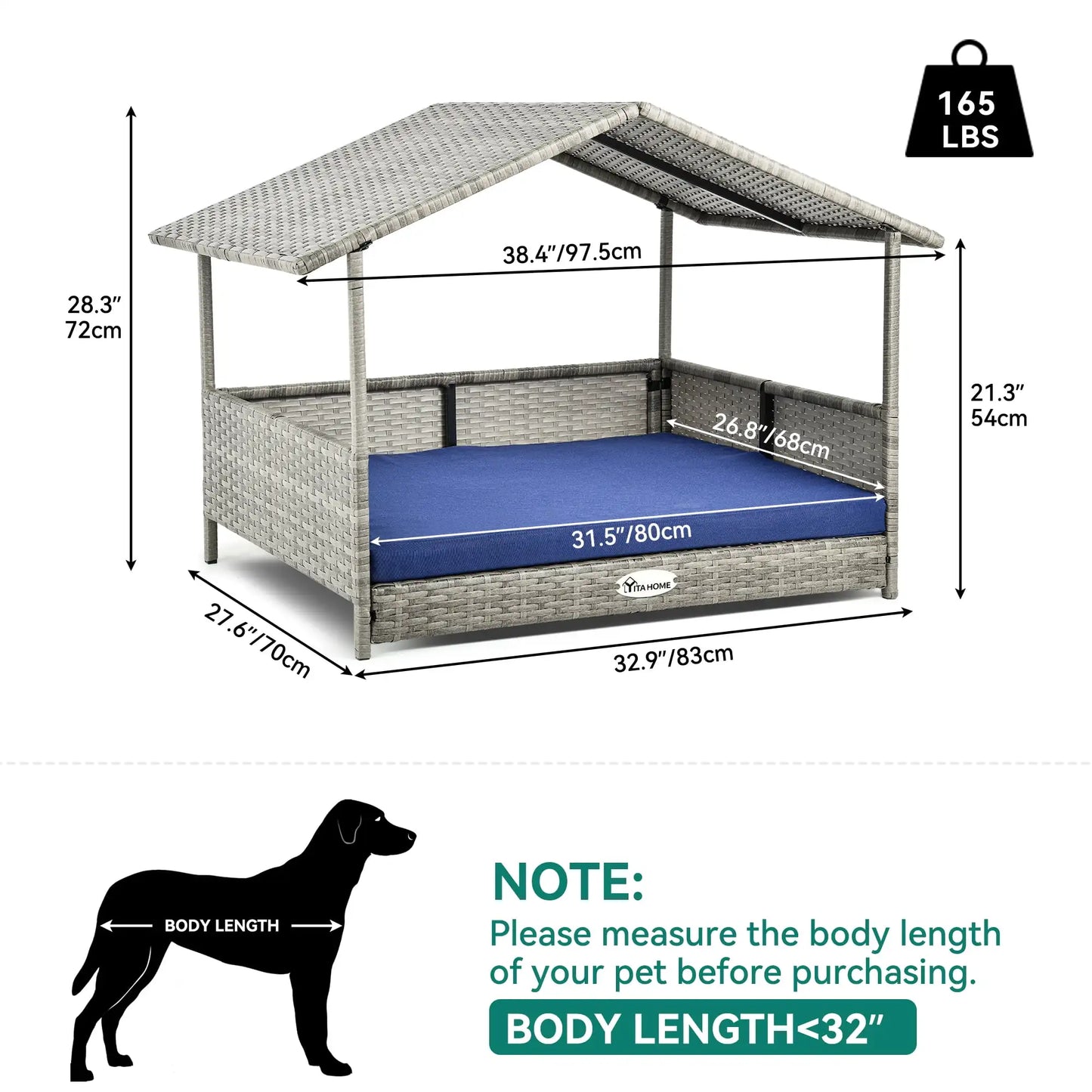 Outdoor Rattan Doghouse with Canopy and Cushion 32.9in