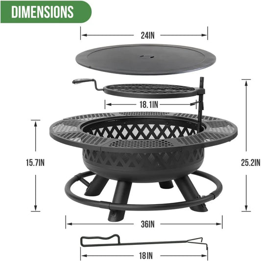 36 Inch Wood Burning Fire Pit with Grill and Lid