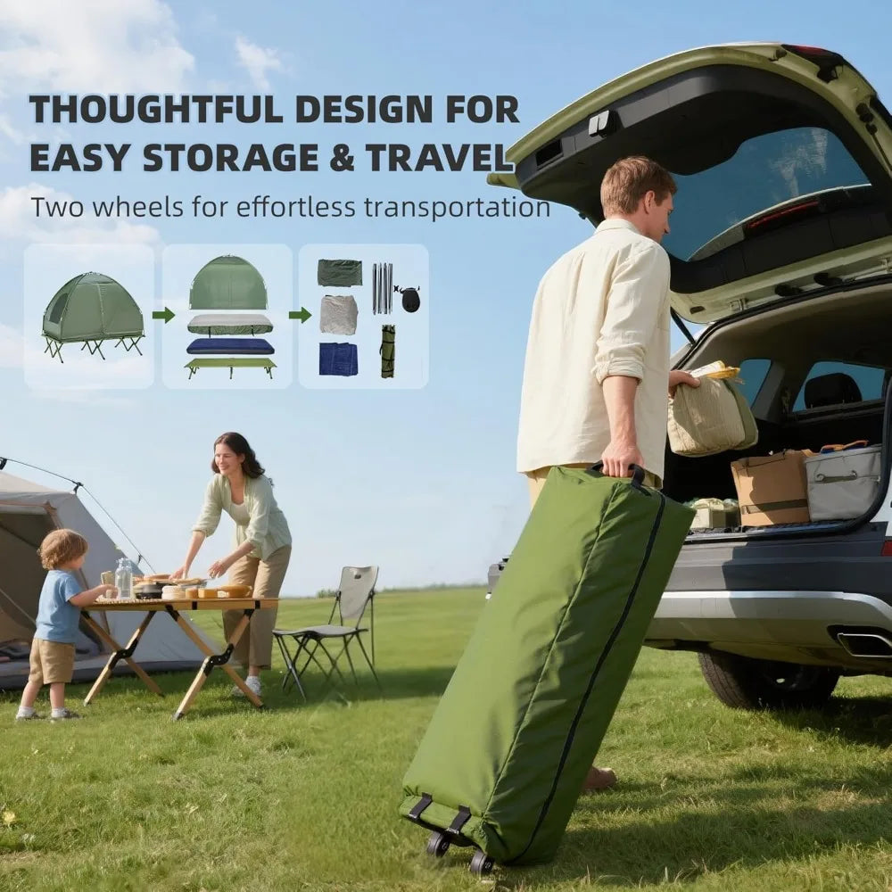 2-Person Tent Cot, 4-in-1 Folding Tent Combo with Air Mattress, Foot Pump, Carry Bag, Off Ground Travel Cot for Camping, Hiking